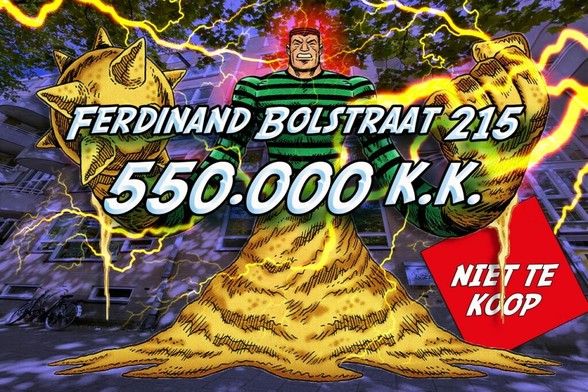 Poster voor flitsactie 215. tegen tegen de verkoop door de Alliantie van Ferdinand Bolstraat 215 voor de somma van 550.000