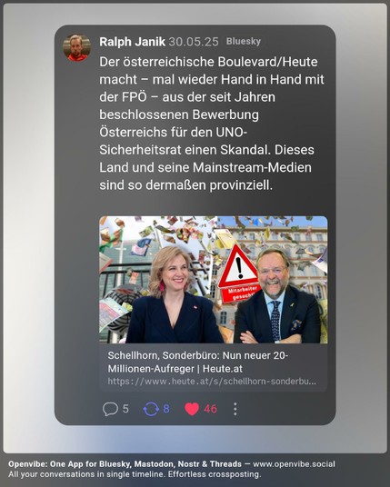 Post von Ralph Janik auf Bluesky. Ralph Janik schreibt, dass der österreichische Boulevard in Zusammenarbeit mit der FPÖ einen Skandal aus der seit Jahren beschlossenen Bewerbung Österreichs für den UNO-Sicherheitsrat macht. Das Land und seine Mainstream-Medien werden von Ralph Janik als provinziell bezeichnet.