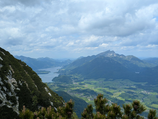 view looking north from the top of mount Katrin (1542meters, 5059 feet), with the Wolfgangsee (centre left) and the Mondsee (left, top) and the small Schwarzensee (middle right). Salzkammergut, Oberösterreich, Austria. The Austrian lake district is a delightful place at this time of year. May 2025.
