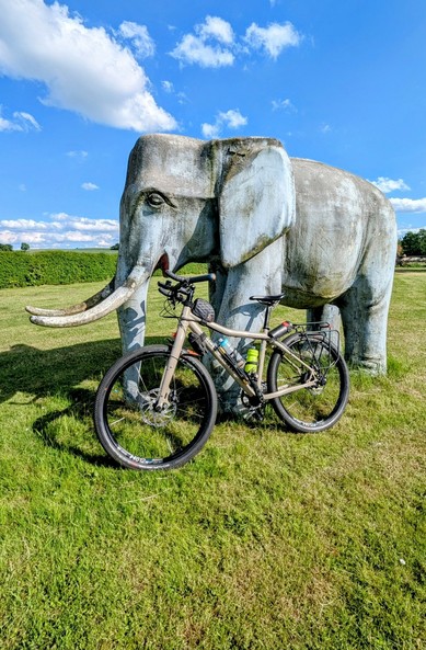 Fahrrad lehnt an einem Elefanten aus Beton auf einer grünen Wiese.