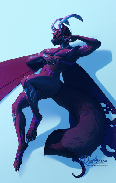 Digital pinup artwork of a furry canine guy with moth wings and antennae