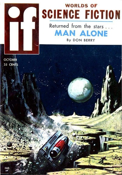A scene on the surface of the moon, presumably as the earth is seen quite large in the sky: in a passage between jagged mountains, a tracked vehicle is falling through a jagged crevasse.
Worlds of IF magazine cover from 1958.