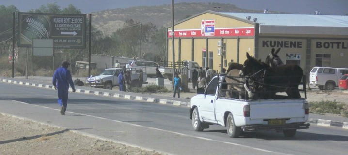 A dusty scene in Namibia. A small white pick-up truck with at least three donkeys in the back. It drives on a tarmac road. A man in blue is crossing the road, possibly to visit the huge bottle store in the background, 2011.