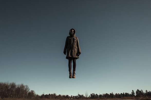 A person in a hooded coat is levitating against a clear blue sky with trees on the horizon.