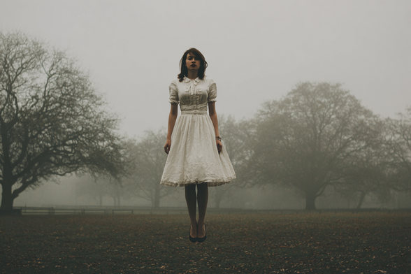 Person in white dress levitating in a foggy park with bare trees.