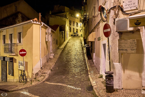 A cobblestoned alley at night going up with at each side houses. Right side is a closed shop.