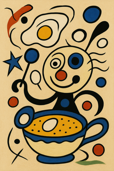 This is a playful and colorful drawing in cartoon style. In the center, there is a smiling figure with a round yellow face. It has one big blue eye and a red round nose. The figure holds a spoon in one hand and a blue star in the other. Its hair looks like black lines going in different directions.

In front of the figure is a large blue and yellow cup filled with soup. There is a white egg floating in the soup. The cup also has a white egg on its rim. Above the figure, a fried egg floats in the air. Around the image, there are many round shapes in blue, red, white, and black.

The background is light beige. The style is abstract and fun, with strong black lines and simple shapes. The picture feels happy and a bit silly, like something from a children’s book.
