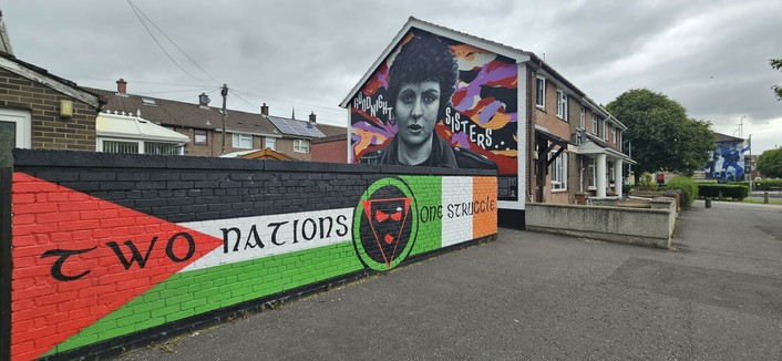 A mural painted on a low wall features the colors and design of the Palestinian and Irish flags, with the phrase "Two Nations One Struggle" written across it. Behind the wall, another mural on the house shows a person with curly hair and the words "Brothers Sisters" in stylized text, set against a colorful abstract background. The location is a quiet residential street with brick houses.