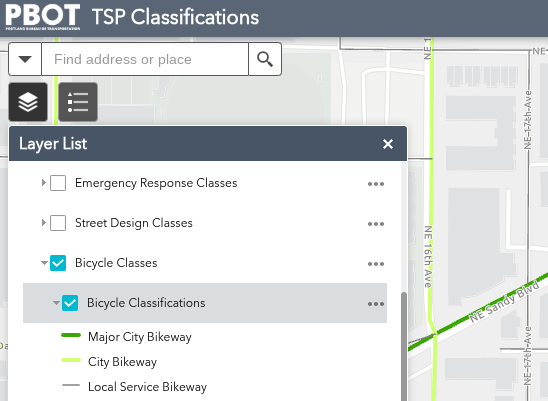 Map showing Sandy Blvd is a Major City Bikeway in the PBOT TSP Classifications https://pdx.maps.arcgis.com/apps/webappviewer/index.html?id=d1d5e545ca6f436fb119932d710ff2fb