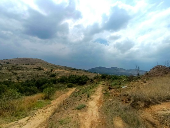a photo of a trail in the middle of a hill with a clean sky and a mild climate