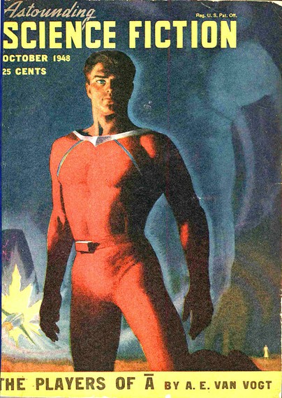 A masculine figure in a skin-tight red suit stands, dramatically lit, in three-quarter view, head turned to look directly out of the image. A crashed or burning space ship is seen in the background, as is a single, pale figure.
Astounding Stories magazine cover from 1948.
