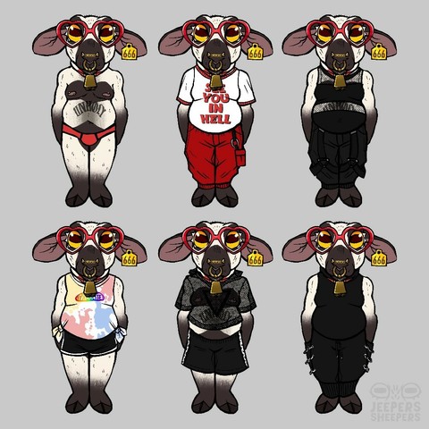 A line up of an anthro sheep in heart glasses wearing various outfits, all gothleisure in nature.