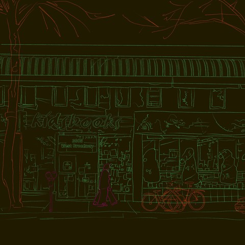 A busy outline of a building decorated for Christmas. Inside are the hints of books and board games. A couple walks by. A bike rack is full.