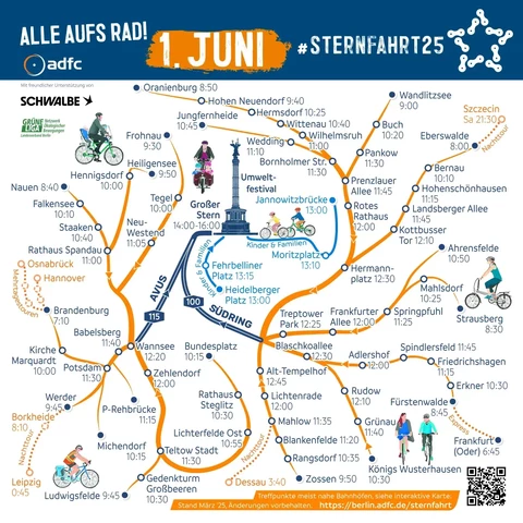 Routenplaner der ADFC Sternfahrt am 1. Juni in Berlin

Viele Routen vom Umland zum Großen Stern

Einige führen über die Autobahn