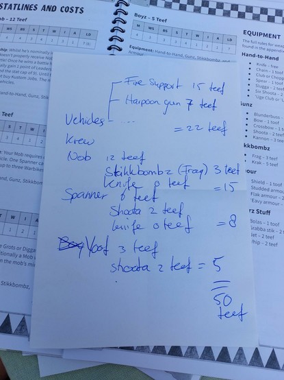 Gorkamorka rule book open at the 'recruiting your mob' section. On it is a scrap of paper with the following. 

Vehicles: 
Fire Support 15 teef.
Harpoon gun 7 teef.
=22 teef.

Krew:
Nob 12 teef. 
Stikkbombz (frag) 3 teef.
Knife (free).
= 15 teef.
= Total 37 teef.

Spanner 6 teef.
Shoota 2 teef.
Knife (free).
= 8 teef.
= Total 45 teef.

Yoof 3 teef.
Shoota 2 teef.
Knife (free).
= 5 teef.

Total 50 teef.