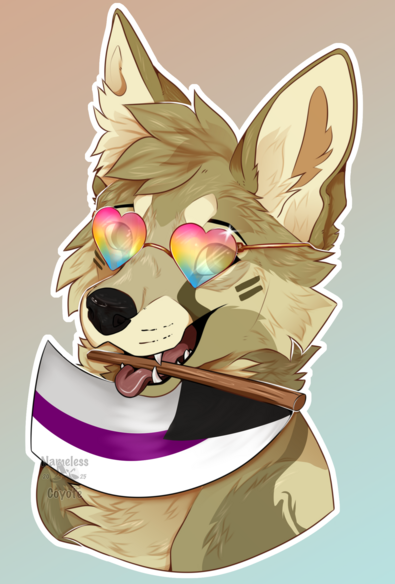 A drawing of a coyote (my mascot) holding a demi sexual pride flag in her mouth and wearing heart shaped glasses with pansexual flag colors.