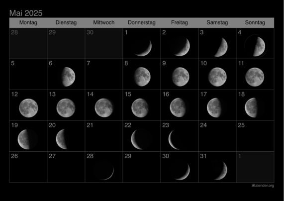 Monatskalender von Mai 2025 in schwarz, die Felder vom 1. bis zum 4., vom 6., vom 8. bis zum 20., vom 22. und 23., vom 28. und vom 30. und 31. sind mit Bildern der Mondphasen in der jeweiligen Nacht ausgefüllt