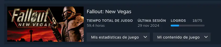 Horas que le he dedicado a Fallout: New Vegas en Steam.