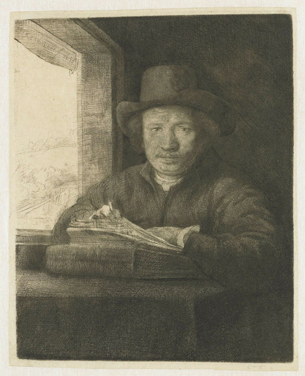 Self-portrait etching at a window