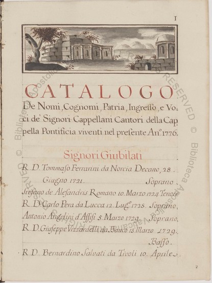 The start of the memership list of the Cappella Sistina in 1776, found on Capp.Sist.Diari.199 f.2r.  There is a small decorative panorama of ruins at the top, followed by a single column of text.  The title is in a square roman hand, and the list of names is in italic, both with titles in red ink