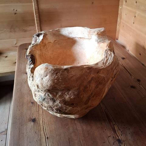 A large, organically shaped natural woodform rests on a larch wood table. The room features warm-toned, knotty arolla pine paneling and built-in bench seating. The object appears to be carved from a single, solid piece of wood, with flowing curves and hollowed areas that resemble an abstract bowl or natural seat. The surface showcases a mix of smooth, pale sections and rough, textured bark-like areas, emphasizing its raw and sculptural qualities.