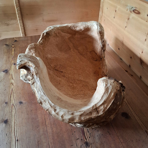 A large, organically shaped natural woodform rests on a larch wood table. The room features warm-toned, knotty arolla pine paneling and built-in bench seating. The object appears to be carved from a single, solid piece of wood, with flowing curves and hollowed areas that resemble an abstract bowl or natural seat. The surface showcases a mix of smooth, pale sections and rough, textured bark-like areas, emphasizing its raw and sculptural qualities.