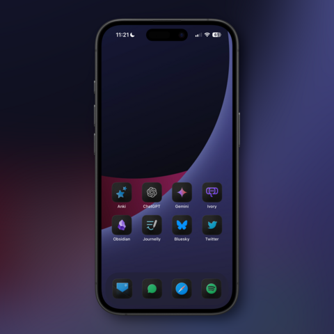 Screenshot of my iPhone 16 with custom app icons which are in dark mode and appear glass-ish. The wallpaper is made up of dark purple and pink colours. The background behind the device is a blurred appearance of the wallpaper.