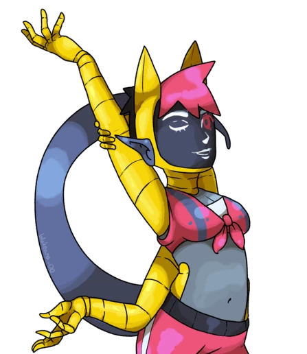 femme mecha humanoid with golden arms, led face, blue tail and gray belly stretching her back. she wears a pink revealing top and pink shorts. she has 4 arms even though one of them is hidden behind her.