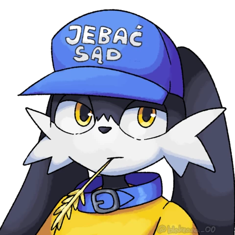 headshot of klonoa with a straw in his mouth, wearing a yellow tshirt and a blue cap saying "jebać sąd"