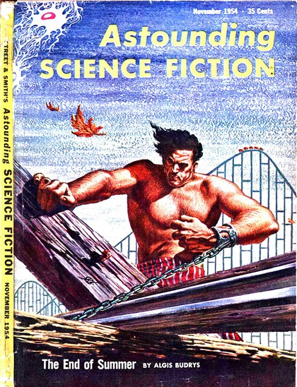 A bare-chested male figure is seen in the foreground, a manacle on one wrist with  a chain attached; the figure is pulling on the chain which is stuck between a metal rail and a wooden beam. A rollercoaster is seen in the background.
Astounding Stories magazine cover from 1954.
