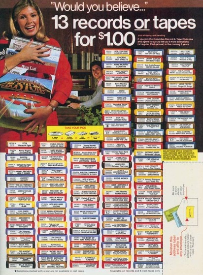 1970s mail flyer offering 13 records or tapes for one dollar, with small colored album listings of the popular music of the day
