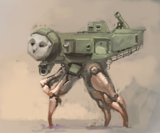 Digital painting of grim dark 4 legged mecha, with barn owl face
