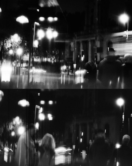 Two pictures showing the evening view from a London pub: a busy street with traffic and pedestrians.