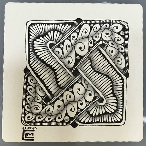 Finished tile with black ink patterns and graphite shading.