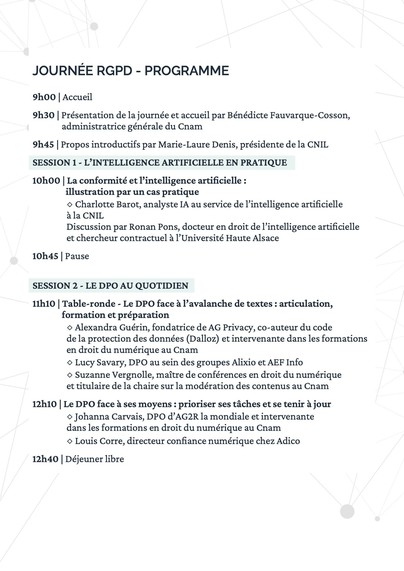 Programme de la journée RGPD qui va se dérouler au Cnam. Plus d'infos sur https://cnil.fr/fr/journee-rgpd-le-mardi-24-juin-paris