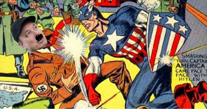 Captain America punching out Hitler with black eye Nazi Musk face