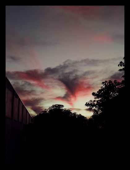 This evocative image captures a dramatic dusky sky, dominated by an unusual and striking cloud formation. The central cloud is a swirling, almost funnel-shaped vortex, sharply defined with a pinched waist that flares outwards. It's vividly colored in deep magenta-pinks and crimsons where the fading light catches it, contrasting with darker, shadowy purplish-gray areas within the formation.

In the foreground, sharply silhouetted against the illuminated sky, are the dark shapes of trees. A cluster of leafy branches occupies the lower center and extends towards the right, while more distinct, feathery branches are visible on the far right. On the left, the angled silhouette of a tall, flat-sided building or wall recedes into the distance, its top edge catching a faint highlight. A distant bird is visible against the lighter part of the sky near the building. - Google Gemini Pro 2.5