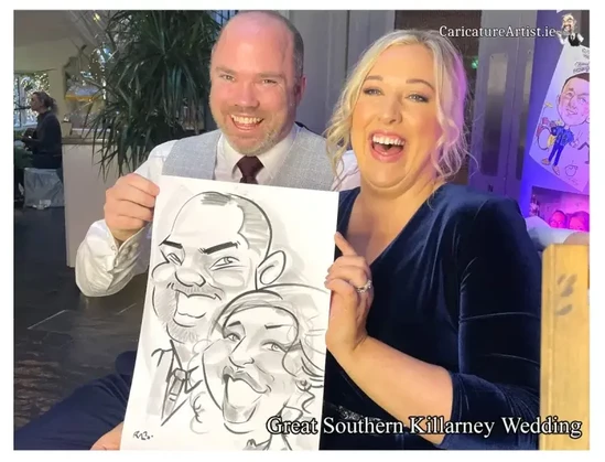Great Southern Killarney Wedding Caricatures. Couple laughing holding caricature drawing of themselves by Allan Cavanagh Ireland's top-rated caricature artist
