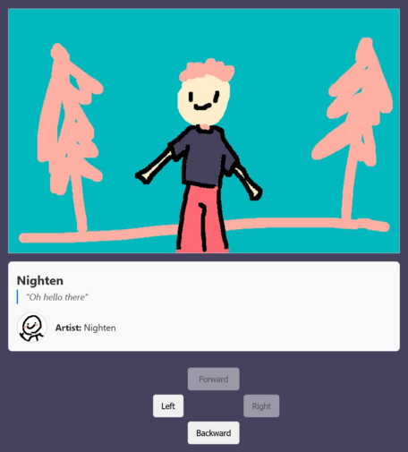 A website screenshot showing a cartoon character named Nighten with the text "Oh hello there" and navigation buttons.