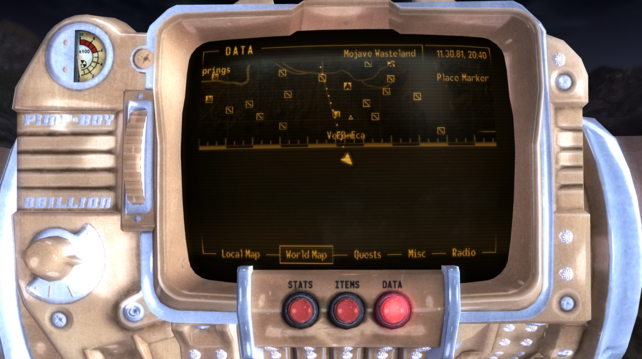 Captura de pantalla del mapa del New Vegas en un Pimp-Boy 3 billion (sí, eso existe) donde se ve que mi personaje se ha salido del mapa por el sur.
