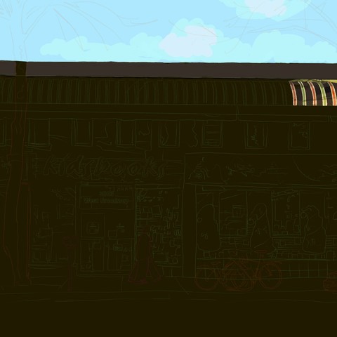 I coloured in the sky and the faint clouds that were visible. I then started on the right side of the striped awning that alternates red and green between lines of brown. Each of the red and green stripes are outlined with white but with the late winter's day and tree branches casting shadows, each area is broken up into variations of hue and tone that make the process slower.