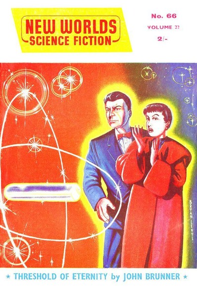 A man and woman in contemporary evening clothes, surrounded by a bright yellow glow, look surprised against a background with star-like shapes and ovals. In front of them is a floating rod-shaped object surrounded by an oval.
New Worlds magazine cover from 1957.
