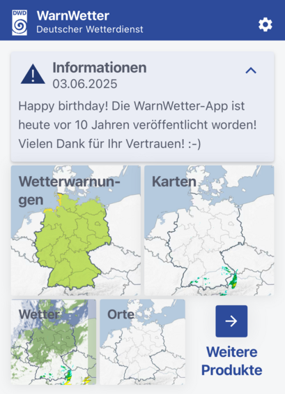 Meldung der WarnWetter-App des Deutschen Wetterdienstes über die Veröffentlichung der App vor zehn Jahren