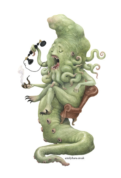 'call of cthulhu' - watercolour of a green octopus/squid headed creature sitting on a leather chair which is resting on its long tail with suckers on it. It has its legs crossed and one of its beard tentacles holds a turn of the last century phone and a hand holds a smoking pipe. Cthulhu has his eyes closed in mid chat on the phone, mouth open.