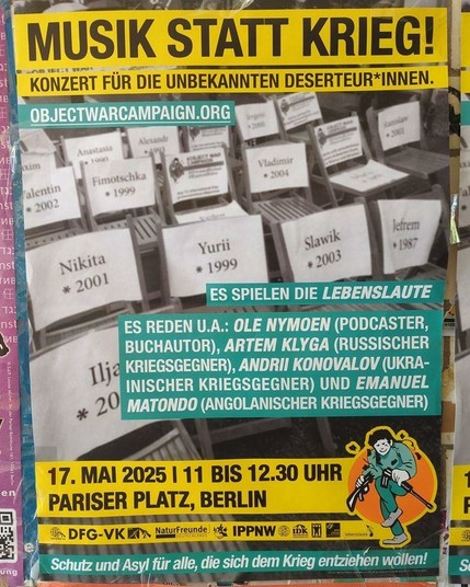 Musik statt Krieg! Konzert für die unbekannten Deserteur*innen.

2025

#b1705 #antiwar #gegenkrieg #berlinposter #politicalposter #musikstattkrieg