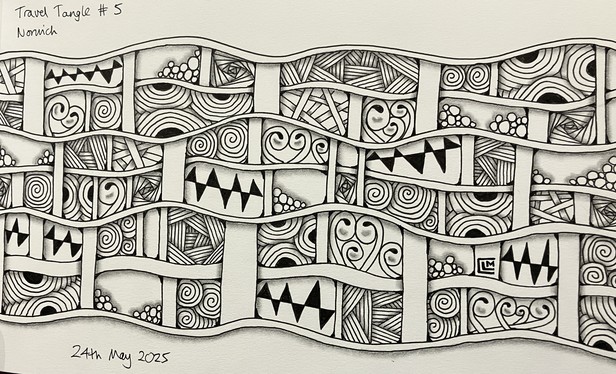Finished drawing with black ink patterns and graphite shading