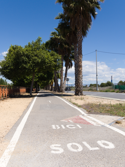 Zu sehen ist ein Radweg der unter Palmen und Bäumen neben einer Straße verläuft. Am linken Rand befindet sich ein Zaun, rechts neben der Straße ein Mast mit Stromleitungen. Der Radweg ist deutlich mit " BICI SOLO" beschriftet. Der Himmel ist blau mit wenigen Wolken.
You can see a cycle path that runs under palm trees and trees next to a road. There is a fence on the left-hand side and a pylon with power lines to the right of the road. The cycle path is clearly labeled “BICI SOLO”. The sky is blue with a few clouds.
