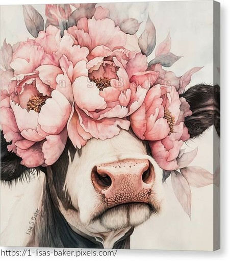 An art print of a whimsical portrait of a sweet-faced cow wearing a lavish crown of pink peonies, painted with soft brushstrokes and blush tones. The cow’s gentle, charming expression blends rustic personality with floral elegance, creating a playful and heartwarming farmhouse-chic vibe. Art by Lisa S Baker.