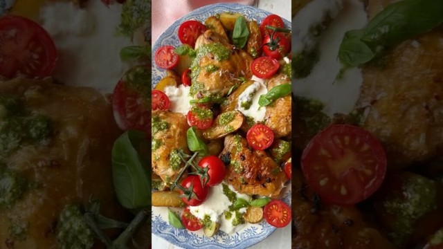 Recipe 30 of 100: One Pan Crispy Parmesan & Garlic Chicken & Potatoes with Burrata, Tomatoes & Pesto