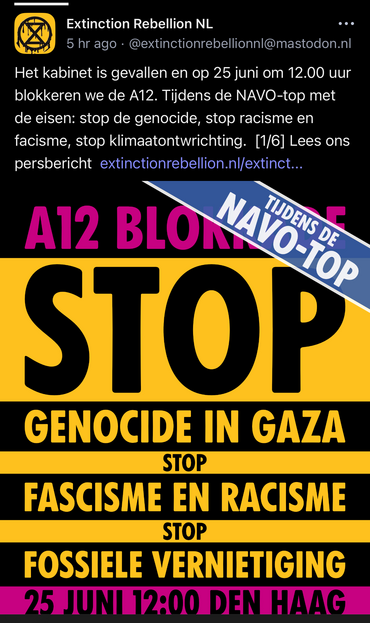 Screenshot van https://mastodon.nl/@extinctionrebellionnl/114618930117226548